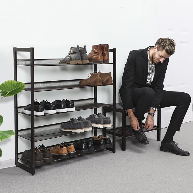 SONGMICS Shoe Rack, 5-Tier Shoe Organizer, Metal Shoe Storage for Garage, Stackable Shoe Shelf, with Adjustable Flat or Angled Shelves, 20-25 Pairs, Bronze ULMR05A-NeatNest