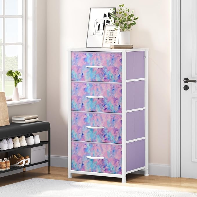 DWVO Dresser with 4 Drawers - Storage Tower Unit, Dresser for Bedroom, Living Room, Closets - Sturdy Steel Frame, Wooden Top & Easy Pull Fabric Bins, Purple-NeatNest