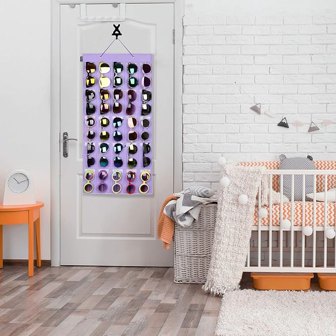 AROUY Sunglasses Organizer - Hanging Wall Pocket with 25 Felt Slots, Metal Hook and Sturdy Rope (Purple, Large)-NeatNest