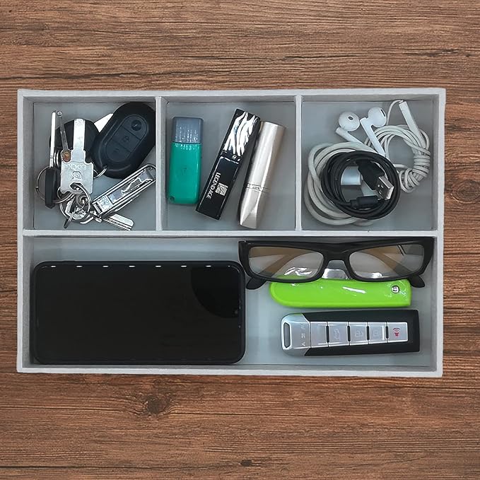 Desktop PU Leather Storage Rack, Proxy Parking tray, Dressing table Desktop Organizer, with 4 Compartments for Placing Mobile Phones, Remote controls, Cosmetics, Watches, and other Decorative trays.-NeatNest