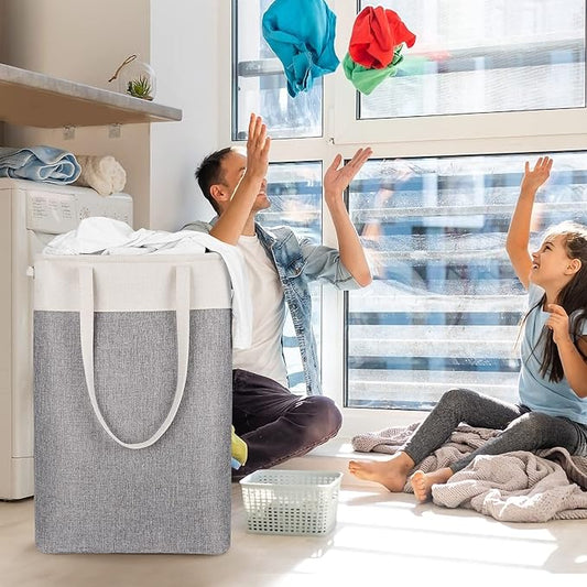 Collapsible Laundry Baskets Double Laundry Hampers Large Foldable Laundry Basket Organizer with Straps Beig Gray Cloth Laundry Hamper Patchcwork Laundry Sorter Dirty Clothes Basket,QY-SC22-2-NeatNest
