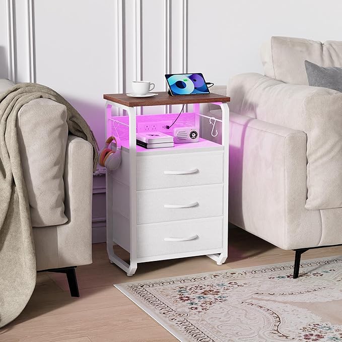 Bed Side Table with 3 Fabric Drawers, Night Stand with Charging Station, LED Nightstand with Hooks, Bedside Table End Table with Storage, Night Table for Living Room, Bedroom Walnut-NeatNest