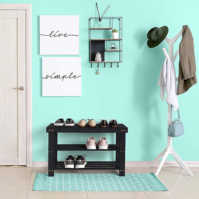 Homemaid Living Bamboo 3 Tier Shoe Rack Bench, Premium Shoe Organizer or Entryway Bench, Perfect for Shoe Cubby, Entry Bench, Bathroom Bench, Entryway Organizer, Hallway or Living Room(Black)-NeatNest