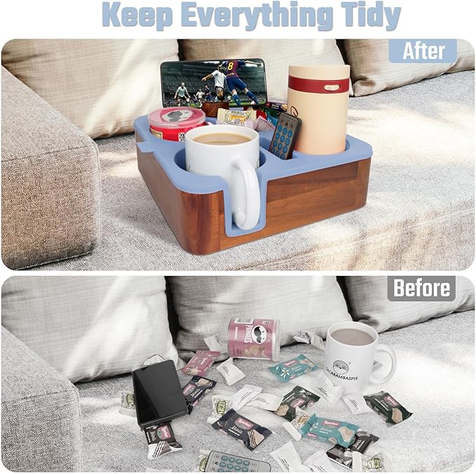 Couch Cup Holder Tray, Real Acacia Wooden Caddy with Soft Silicone, Snack and Drink Organizer- Perfect Movie Night Accessories for Bed, Remote and Cup Holders for Sofa (Blue)-NeatNest