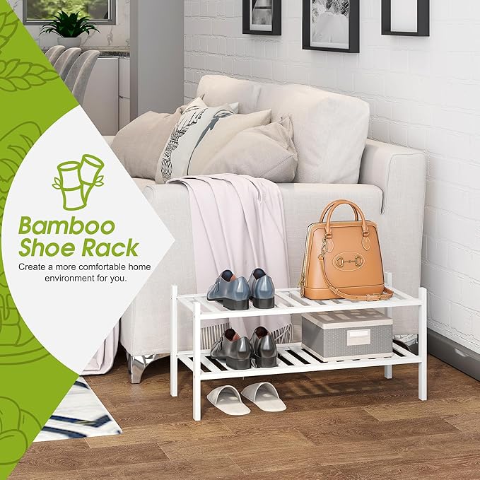 BMOSU 2-Tier Bamboo Shoe Rack Premium Stackable Shoe Shelf Storage Organizer for Hallway Closet Living Room Entryway Organizer(White Bamboo)-NeatNest
