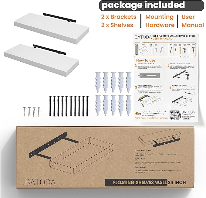 BATODA Set of 2 24" White Floating Shelves Wall Mounted for Bathroom – Wooden Decorative Wall Bookshelf - Storage Shelf Organizer for Home, Bedroom, Kitchen - Black Bracket, Shelving Mounting Included-NeatNest