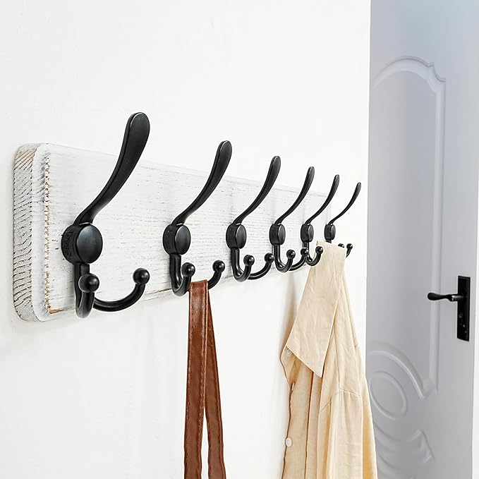 Dseap Coat Rack Wall Mounted - 24" Long 6 Tri Hooks, Heavy Duty Wooden Wall Coat Hanger Coat Hook for Clothes Hat Jacket Clothing, White and Black