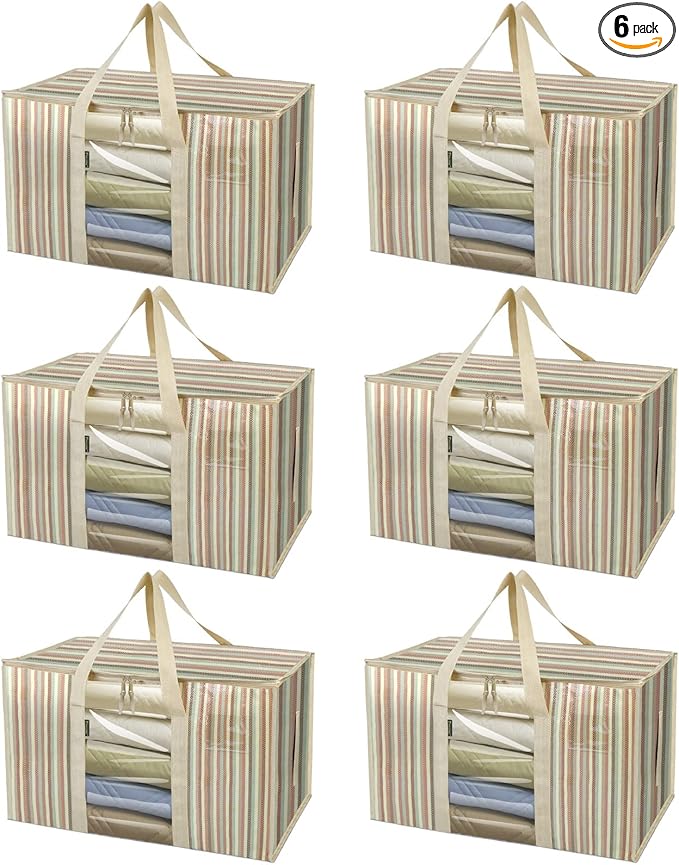 BALEINE 6-Pack Oversized Moving Bags with Reinforced Handles, Heavy-Duty Storage Tote for Clothes, Moving Supplies (Color Stripe with Window, 6-Pack)-NeatNest