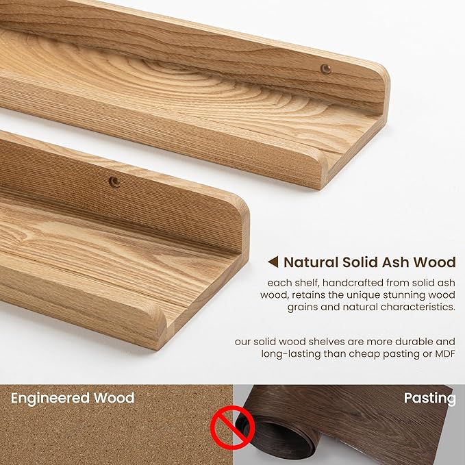 72 Inch Floating Shelves for Wall | Natural Wood Ledge Shelf Set of 2 | Solid Ash Wood Picture Ledge Shelves with Lip | Picture Shelf for Wall with Ledge | Photo Ledge Shelves-NeatNest