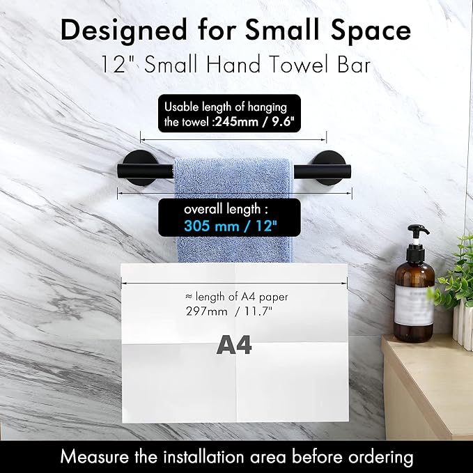 KES 9.6 Inches Matte Black Hand Towel Bar Bathroom Towel Holder Kitchen Dish Cloths Hanger SUS304 Stainless Steel RUSTPROOF Wall Mount, Total Length 12 Inch, A2000S30-BK