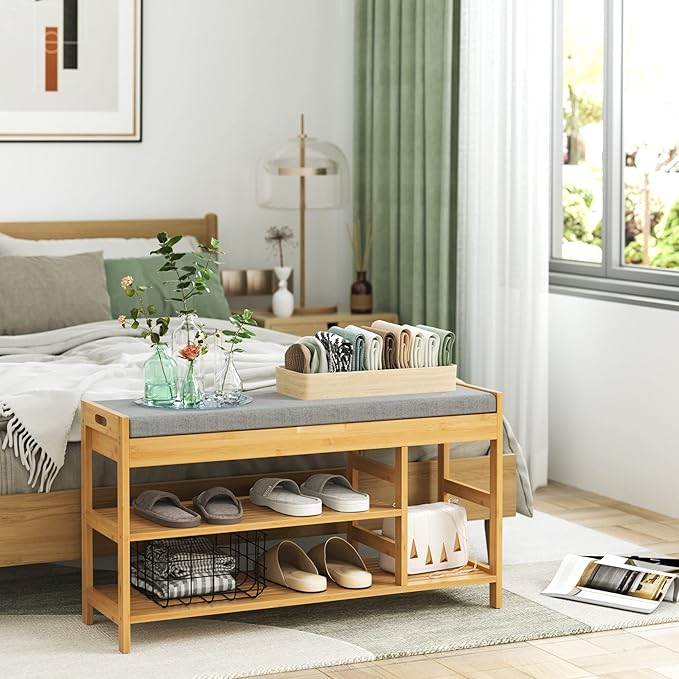 HIFIT Bamboo Shoe Bench Rack with Storage, Entryway Storage Bench with Padded Seat, Shoe Oiganizer Shelf for Entryway Mudroom Bathroom Hallway, Natural