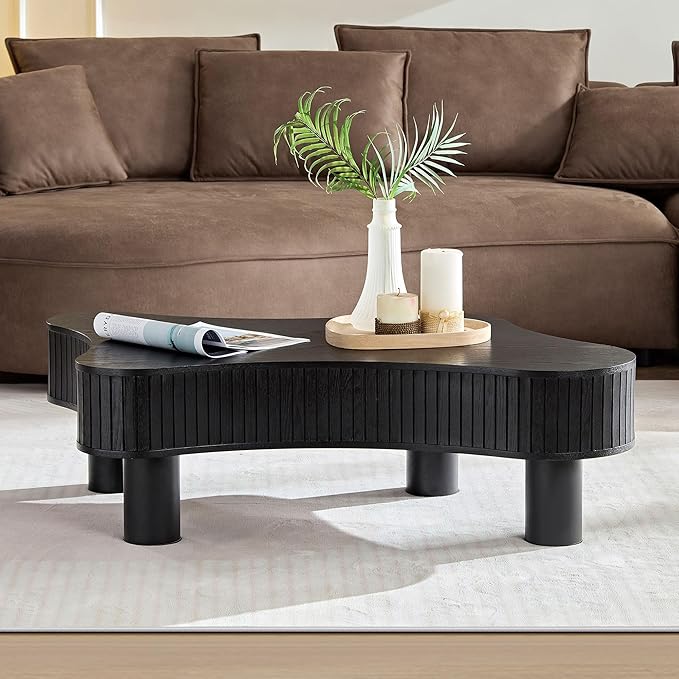 kevinplus 42.52'' Black Wood Coffee Table Modern Coffee Table for Living Room, Contemporary Irregular Drum Curved Handcraft Coffee Table with Strong Legs, Easy Assembly, Black