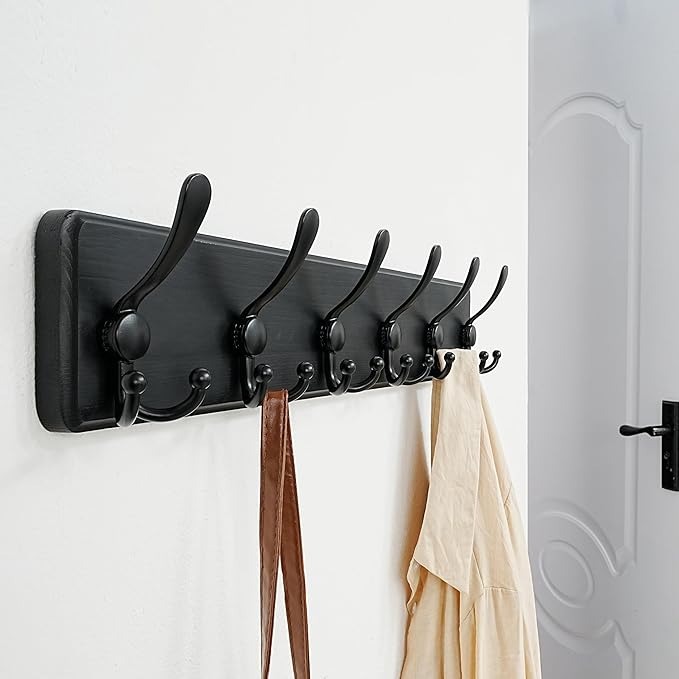Dseap Coat Rack Wall Mounted - 24" Long 6 Tri Hooks, Heavy Duty Wooden Wall Coat Hanger Coat Hook for Clothes Hat Jacket Clothing, Black