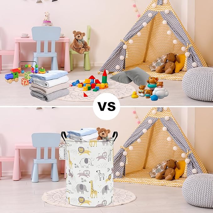 FANKANG Storage Basket, Nursery Hamper Canvas Laundry Basket Foldable with Waterproof PE Coating Large Storage Baskets for Kids Boys and Girls, Office, Bedroom, Clothes,Toys(Lovely Animals)