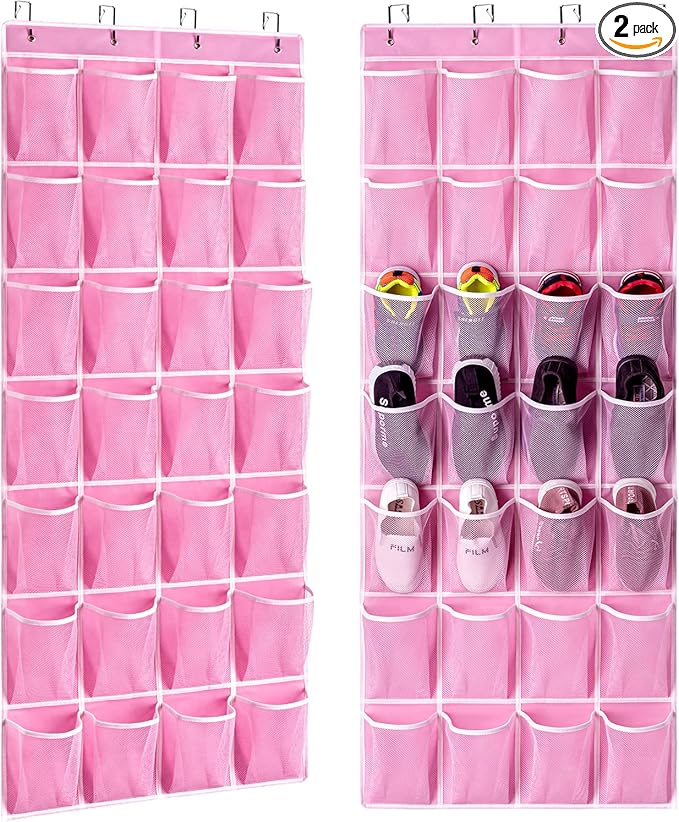 KEEPJOY 28 Pocket Over The Door Shoe Organizer, 2Pack Hanging Shoe Organizer for Door, Hanging Door Shoe Holder Rack with Mesh Pockets Large Size 65 x 23 inch (Pink-2Pack)-NeatNest