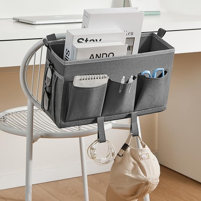 Bedside Organizer Caddy, Bed Organizer with 3 Pockets and Mesh Side Pocket, Great for College Dorms and Hospital Beds, Gray, 2 Pack-NeatNest