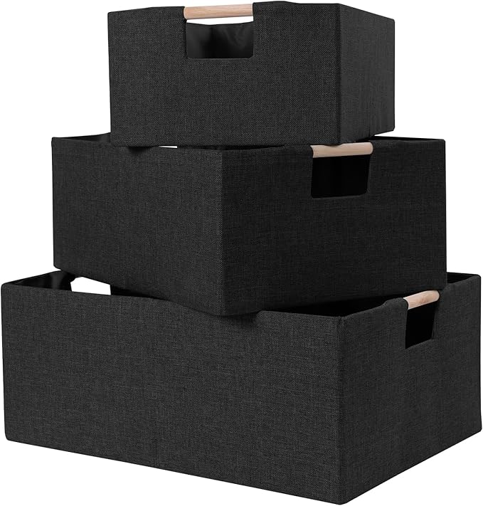 ANMINY 2PCS Storage Baskets for Organizing Collapsible Fabric Storage Bins Boxes with Wood Handles Closet Shelves Cube Organizer Bins Clothes Laundry Storage Container - Small, Black-NeatNest