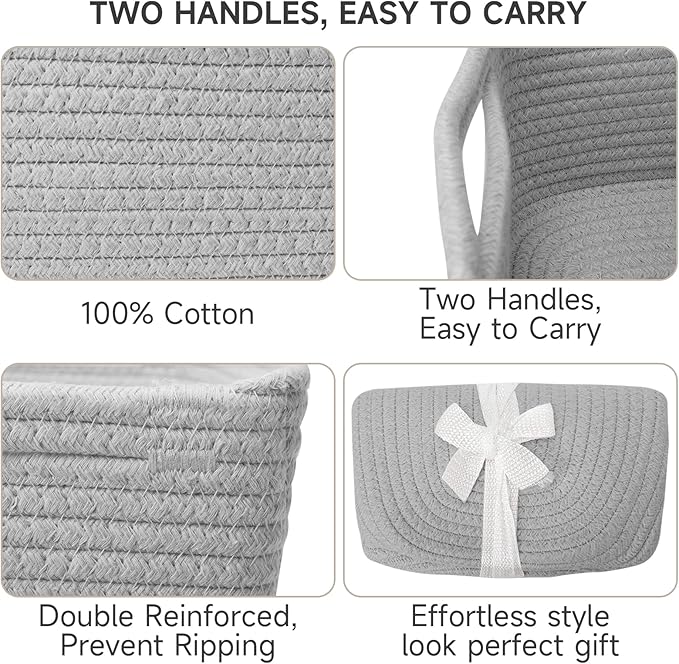 3-Pcs Shelf Baskets for Organizing, Closet Organizer Bins, Small Woven Baskets, Rope Toy Basket, Storage Basket for Shelves, Cube Decorative Box, 11.8×7.8×5.1”, Grey-NeatNest