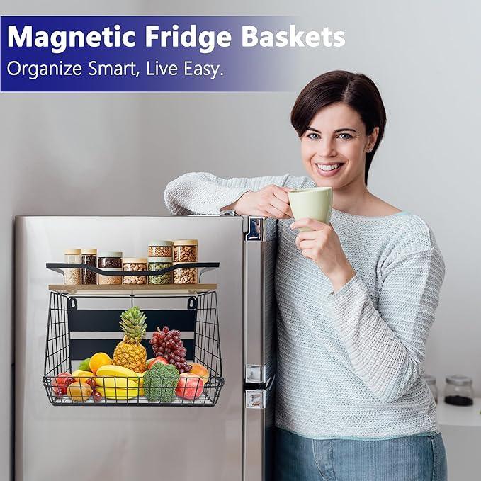 bealy Upgrade Strong Magnetic Shelf for Fridge with Wood Lid Top, XXL Large Capacity Magnetic Spice Rack for Fridge, Multifunction Kitchen Pantry Organizers and Storage, Fruit Potato Storage Basket-NeatNest