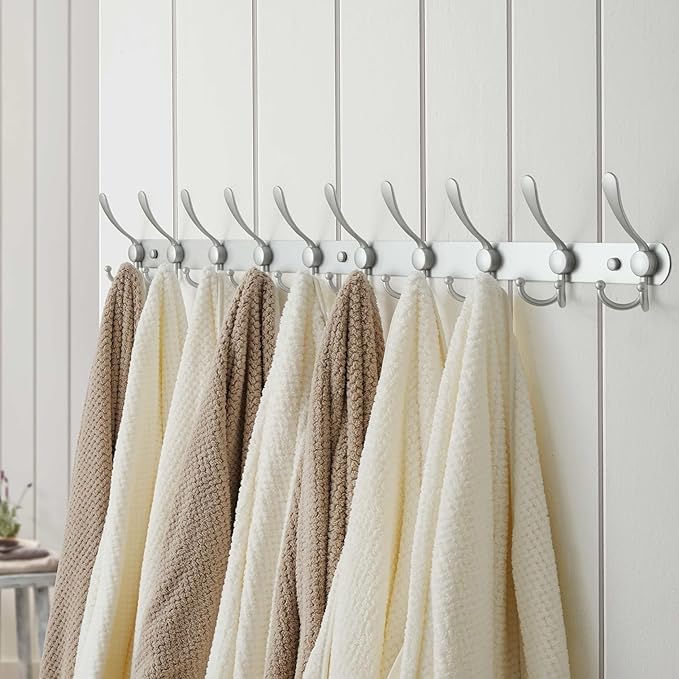 Dseap Coat Rack Wall Mount - 38” Long 10-Tri-Hooks Heavy Duty Coat Hanger Rail Wall Hooks for Hanging Coats Hats Clothing Clothes Purse Mudroom Entryway, Silver, Pack of 2-NeatNest