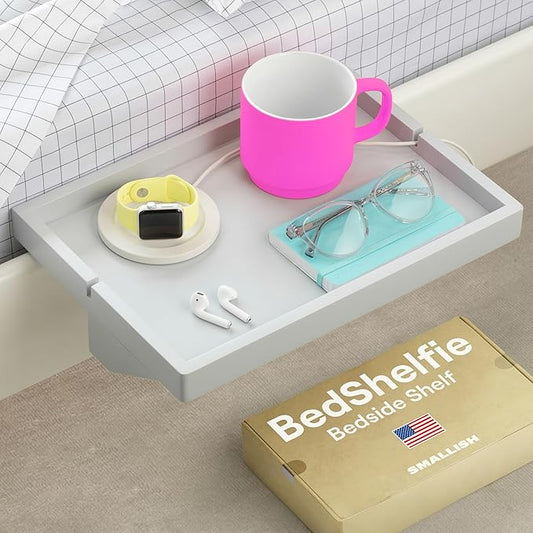 BedShelfie Bedside Shelf for Dorm Room Bunk Bed & Top Bunk, College Dorm Room Essentials, Bedside Caddy, Clip on Floating Desk Tray, Bed Side Table Storage, Loft Nightstand Decor - Original Grey Wood-NeatNest