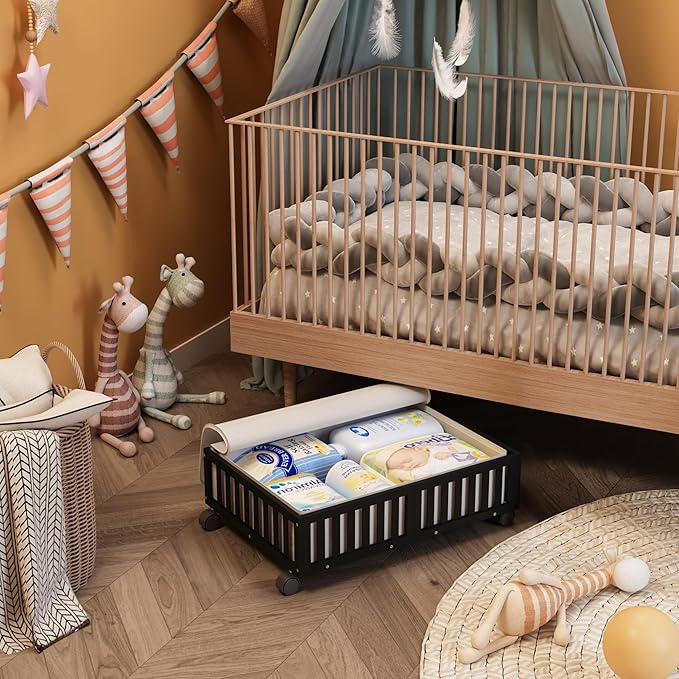Bamboo Under Bed Storage Containers with Wheels, 2 Pack Under the Bed Shoe Storage Bins, Wood Rolling Underbed Drawers Organizer for Bedroom, Closet, Clothes Blanket Comforter and Under Crib Toy Black-NeatNest