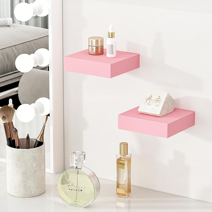 BAMEOS Pink Floating Shelves for Wall, 6" x 6" Wall Shelves for Room, Floating Book Shelves, Hanging Shelves for Bedroom, Bedroom, Living Room, Kitchen (Set of 2)-NeatNest