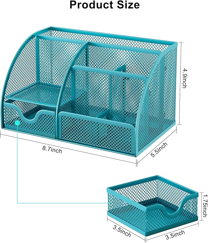 EasyPAG Mesh Desk Organizer, Multi-functional Stationery Organizer for School Supplies, Office Pen Holder for Desk, 6 Compartments Dorm Organization with Drawer, Blue