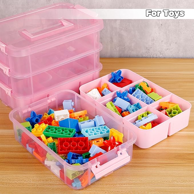 Art Supply Storage Organizer with 2 Removable Trays, 4-Layer 11QT Durable Craft Organizers and Storage for Sewing, Tool, Office Supplies, Art, Craft Supplies(Pink)