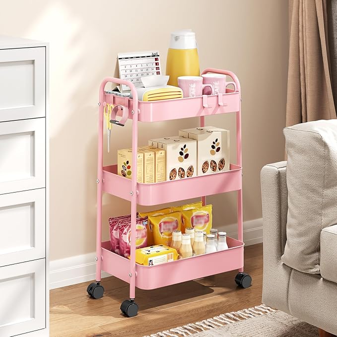 TOOLF Metal Utility Cart,3 Tier Rolling Cart wth 4 Hooks Storage Cart on Wheels Craft Cart with Handle for Organizer Storage for Classroom Office Dorm Home Pink