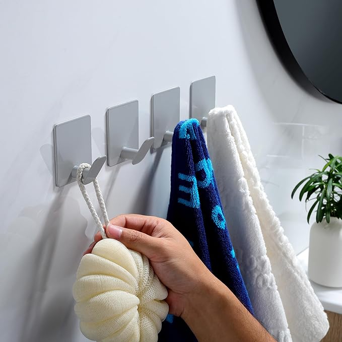 DELITON Stick On Wall Hooks 4 Packs, Towel Hanger for Bathroom Kitchen, No Damage, Stainless Steel, Heavy Duty, Light Gray-NeatNest