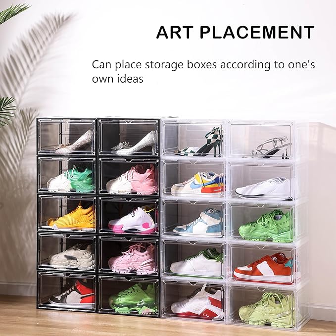 Attelite Large Clear Shoe Box Organizer,Plastic Stackable Shoe Storage Box with Magnetic Door, Large Clear Door Shoe Containers for Display Sneakers, Easy Assembly(Black)