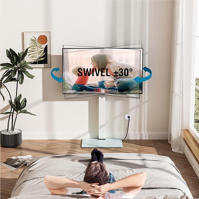FITUEYES Floor TV Stand for 32-75 inch TV with Power Outlet, Tall TV Stand for Bedroom Living Room with Tempered Glass Base, Floor TV Mount Holds Up to 88lbs MAX VESA 600x400mm,Black-NeatNest