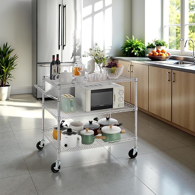 Finnhomy 3 Tier Heavy Duty Commercial Grade Utility Cart, Wire Rolling Cart with Handle Bar, Steel Service Cart with Wheels, Kitchen Carts on Wheels, Metal Cart Shelf Size 24" D x 36" W, NSF, Chrome