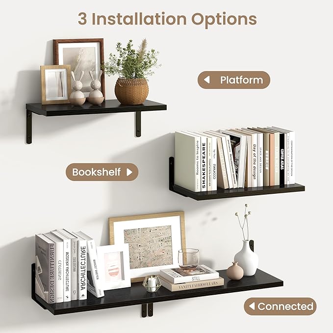 Fun Memories Deep Floating Shelves, 16W x 8D Floating Shelves Set of 2, Wall Mounted Shelf with Metal Brackets, Rustic Wood Wall Shelf for Bathroom, Kitchen and Living Room, Black-NeatNest