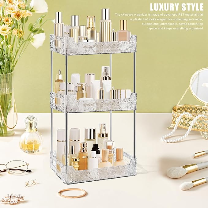 3-Tier Bathroom Counter Organizer Countertop Storage, Dresser Organizer Vanity Tray for Makeup, Perfume Organizer Cosmetics Skincare Shelf - Clear-NeatNest