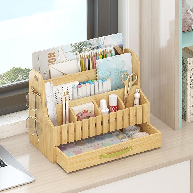 Bamboo Mail Organizer Countertop with Drawers, Wood Desk File Organizer Desktop Paper Organization Storage Bill & Letter Sorter Holder for School Home Office Supplies, No Assembly Required (Nature)-NeatNest
