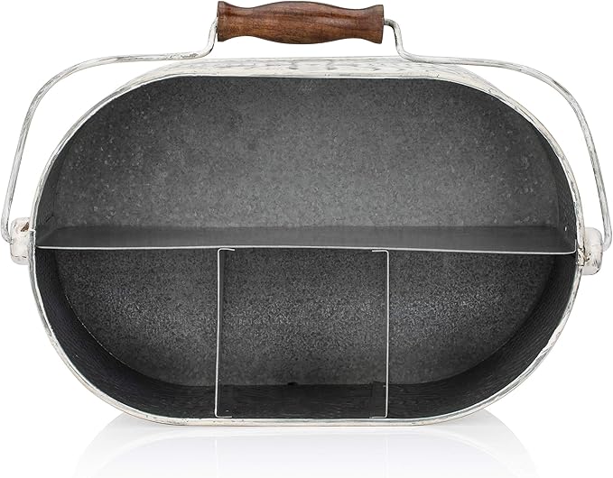 CRAFTSMAN ROAD Distressed White Metal Caddy – Farmhouse Galvanized Kitchen Organizer with Handle – Vintage Rustic Multi-Compartment Holder for Napkins, Plates, Cutlery, Flatware, Cleaning Supplies-NeatNest