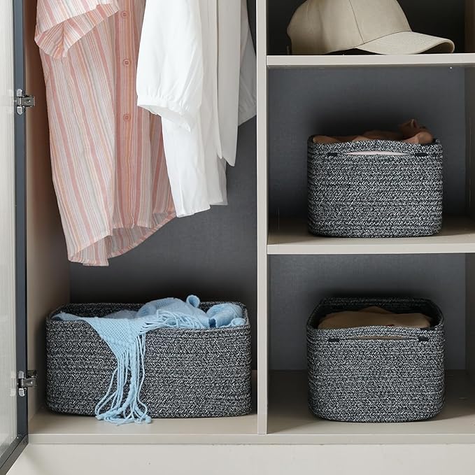 3-Pack Storage Baskets for Organizing | Woven Shelf Toy Basket | Rope Baskets for Gifts Empty | Closet Organizer Bins with Handles | Cube Decorative Box | 13.7×7.1×6.7” | Mixed Black-NeatNest
