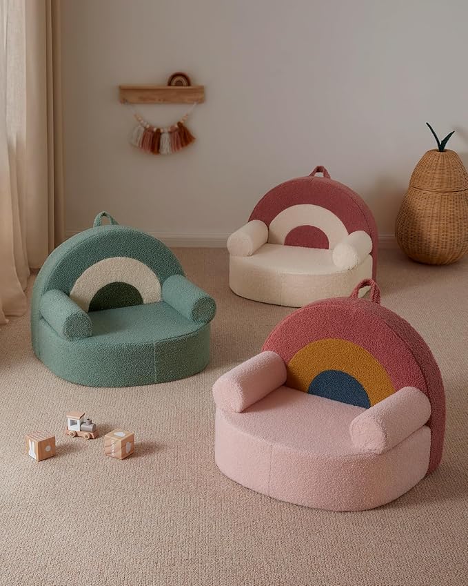Blissful Diary Toddler Chair Comfy, Foam Kids Chair with Soft Teddy Plush, Toddler Reading Chair with Cute Arclet Designs- Sage Green-NeatNest