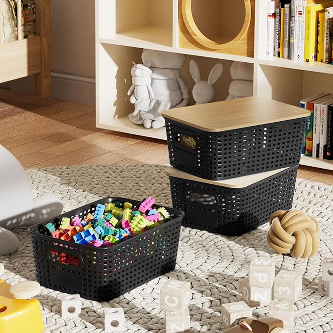 6-Pack Small 5 Qt Stackable Storage Bins with Bamboo Lids - Decorative Cute Plastic Baskets Boxes Containers with Labels for Organizing Shelves, Classroom, Closet, Desktop, Office - Black-NeatNest