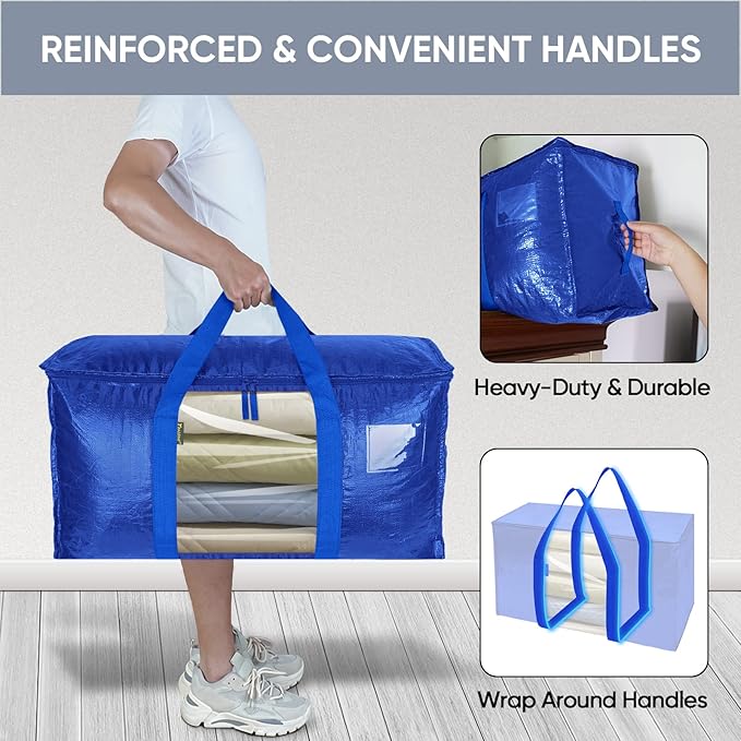 BALEINE 2-Pack Oversized Moving Bags with Reinforced Handles, Heavy-Duty Storage Tote Moving Supplies for Packaging, Camping (Blue w/Window, 2-Pack)-NeatNest