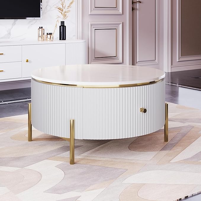 31.5" Modern Round Coffee Table with 2 Large Drawers Storage Accent Table Multiple End Tables Center Table Sofa Table Utility Table for Living Room Office Bedroom Balcony, White & Gold