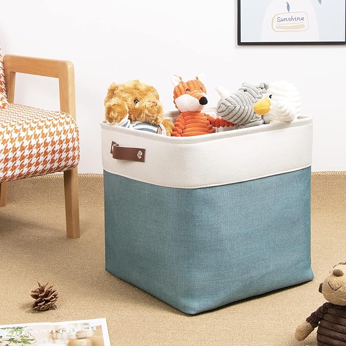 DULLEMELO Cube Basket for Storage, Collapsible Fabric Cube for Organizing, Storage Cube for Closet, Laundry, Nursery, Shelves, Decorative Basket for Gifts Empty (White&Teal)-NeatNest