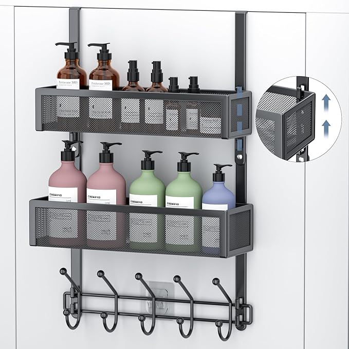 Adjustable Over The Door Hooks Organizer, Door Hanger Coat Rack with 2 Mesh Baskets and 10 Hooks, Back of Door Storage Organizer for Bedroom,Bathroom,Kitchen (Black)