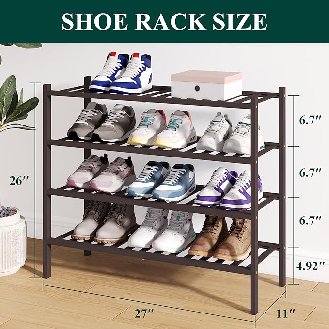 Smiry Bamboo Shoe Rack for Closet, 4 Tier Wooden Stackable Shoe Organizer, Free Standing Shoes Storage Shelf for Entryway, Front Door Entrance, Brown-NeatNest