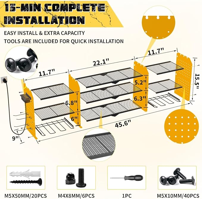 45" Large Power Tool Organizer Wall Mount with Charging Station - 3 Layer Storage Racks with 8 Cordless Drill Holder, 4 Hooks, Heavy Duty Garage Tool Organizer Storage for Workshop Pegboard Basement