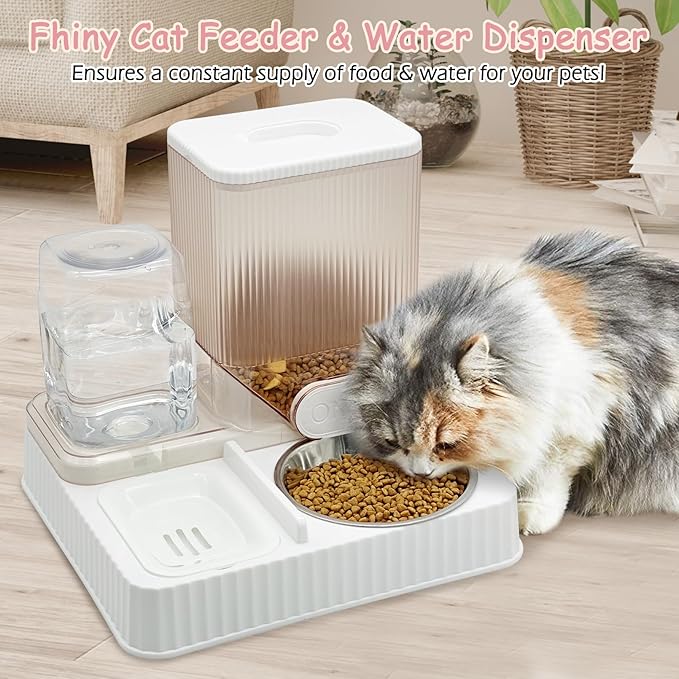 Fhiny Gravity Cat Feeder & Water Dispenser, 2 in 1 Automatic Puppy Waterer Removable Stainless Steel Food Bowls Set Self Feeding Pet Food Storage for Cat Kitten Puppy Easy Clean (White)-NeatNest