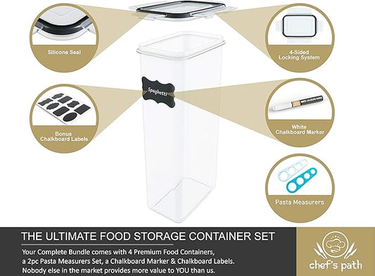 Chef's Path Airtight Food Storage Containers (Set of 4, 2.8L) - Tall for Pantry & Kitchen Organization, Pasta, Spaghetti, Noodles, Cereal - Lids, Noodle Measure and Reusable Labels Included-NeatNest