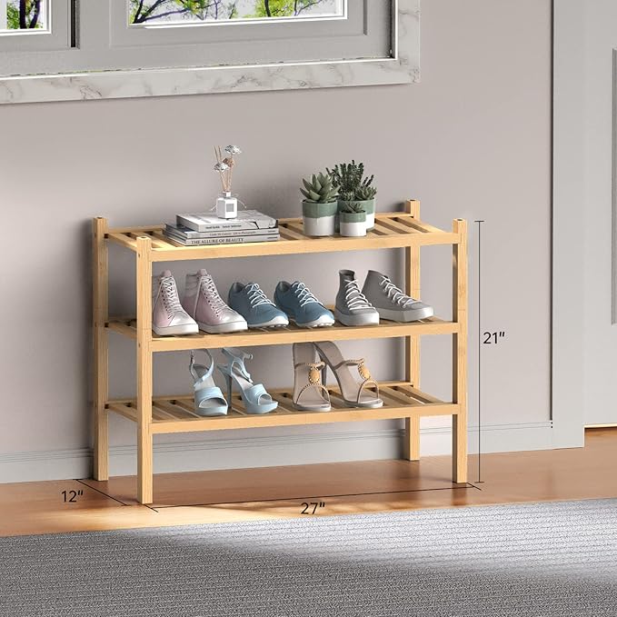 (Thick Bamboo Shoe Rack for Entryway, 3-Tier Free Standing Shoe Racks Stackable Shoe Rack Organizer for Hallway Closet Living Room 27 x12 x21 Inches-NeatNest